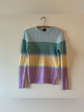 J. Crew Cashmere Cable Knit Sweater Pastel Striped S Teal Purple Preppy